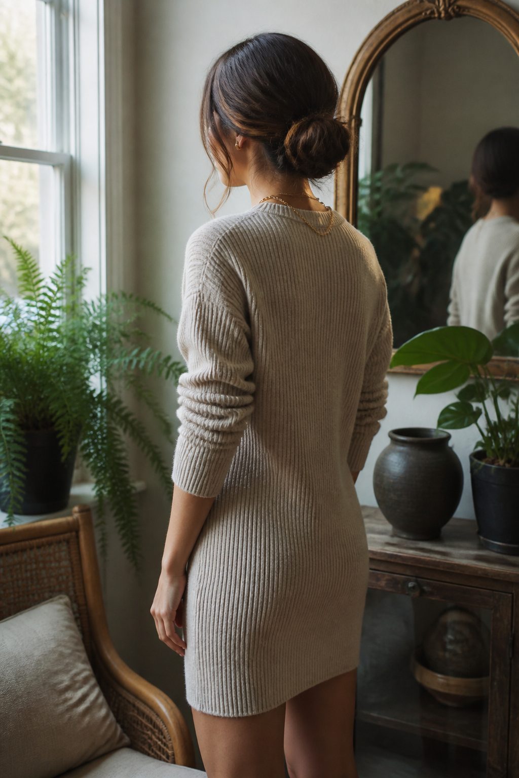 How to Style a Sweater Dress: 10 Outfit Ideas for 2026 9 Model in a sweater dress adorned with delicate gold jewelry.