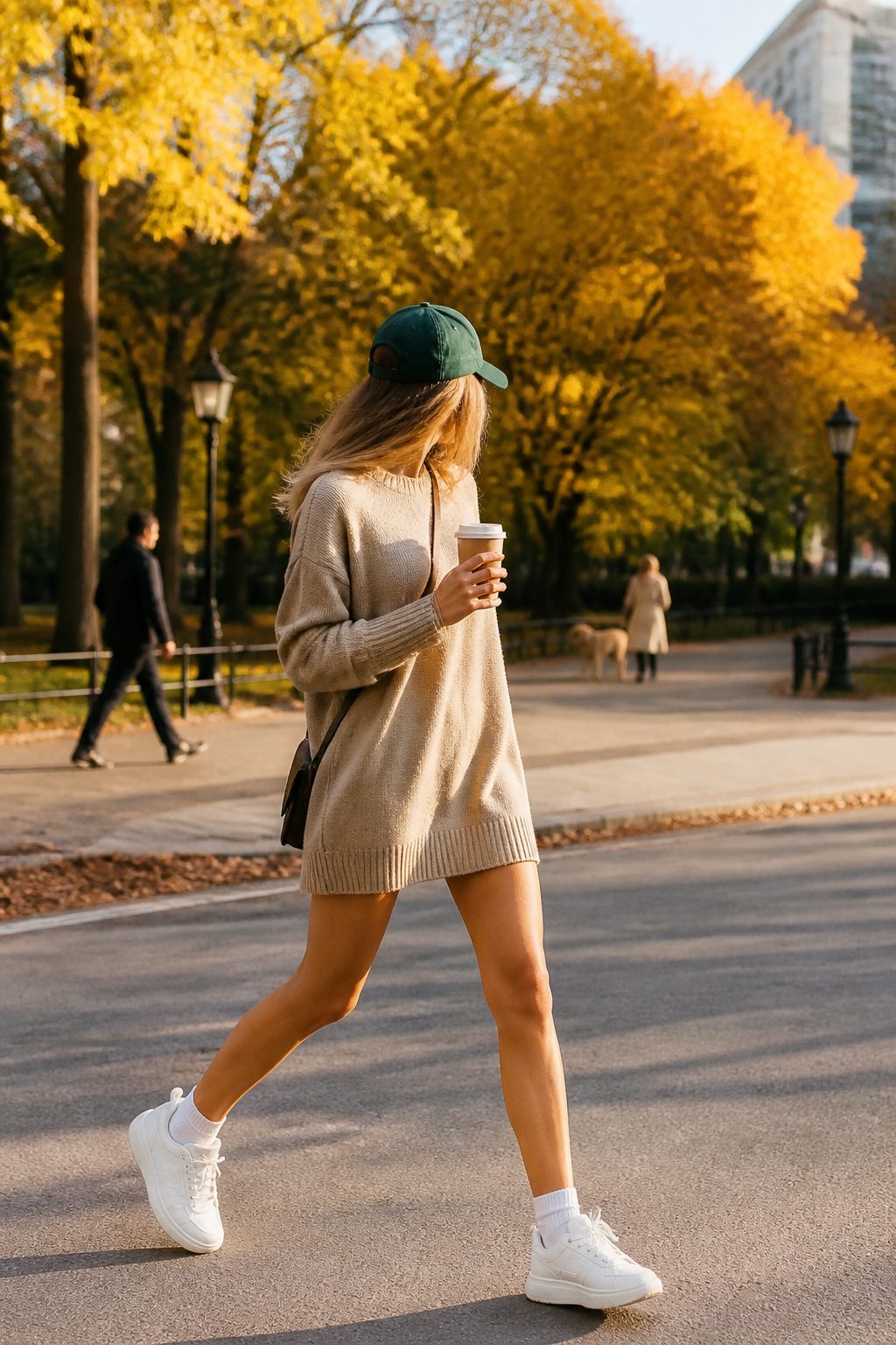 How to Style a Sweater Dress: 10 Outfit Ideas for 2026 4 Model wearing a short sweater dress with white sneakers in a park.