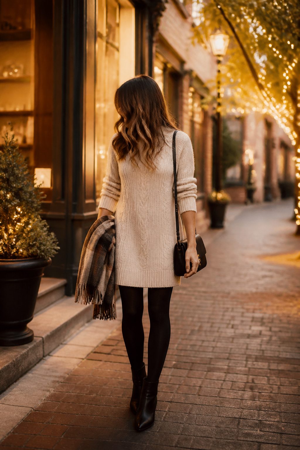How to Style a Sweater Dress: 10 Outfit Ideas for 2026 7 Model in a sweater dress and dark opaque tights on a cozy street.