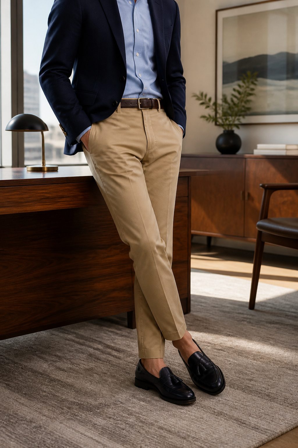 Chinos and navy loafers featured in a contemporary office interior.