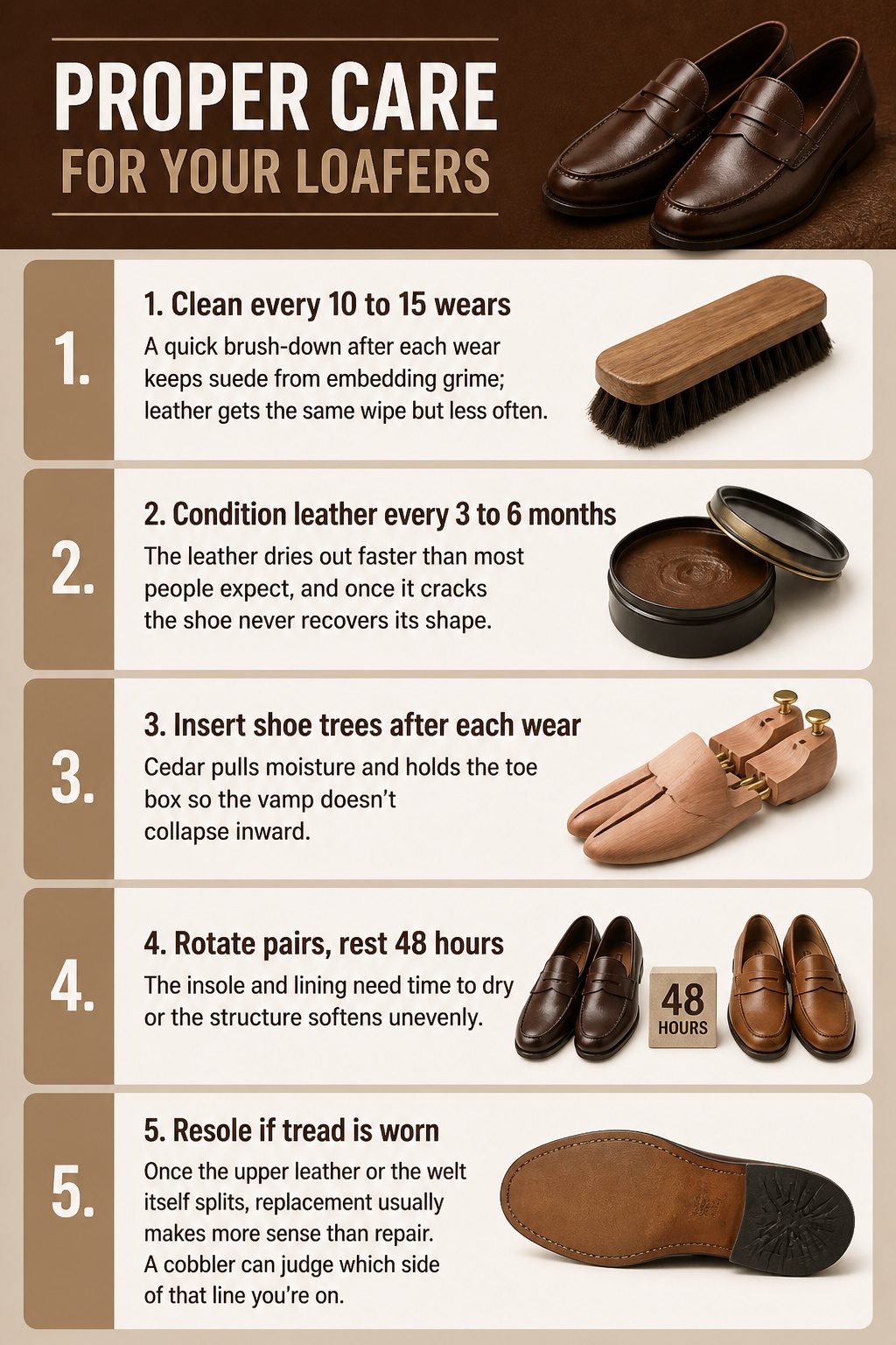 Care tips for maintaining loafers in good condition.