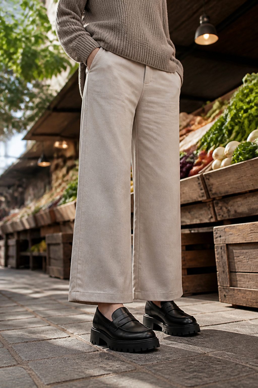 Wide-leg trousers paired with chunky loafers in a fashion-forward look.