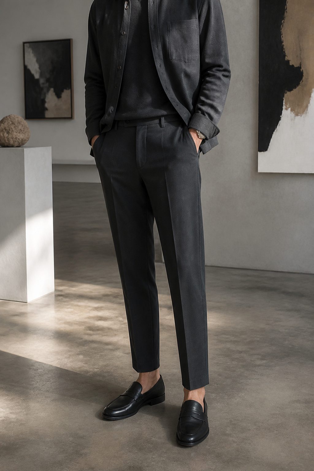 Monochrome outfit with loafers and tailored trousers in a minimalistic gallery.
