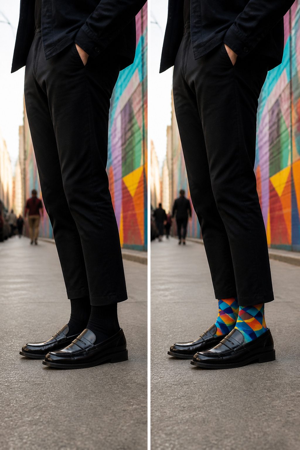 White crew socks paired with loafers in a casual outfit.