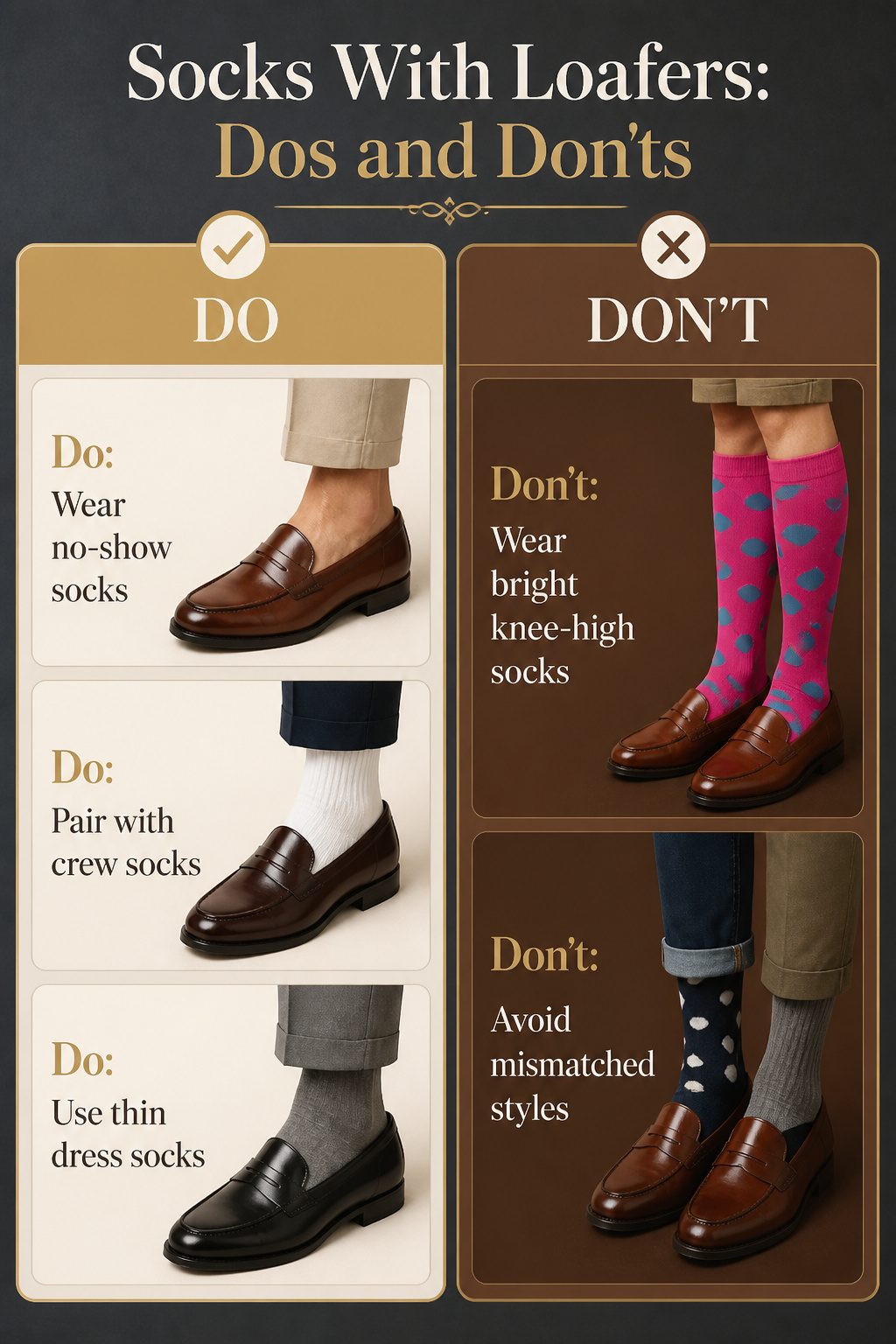 Different sock styles paired with loafers in a fashion guide.