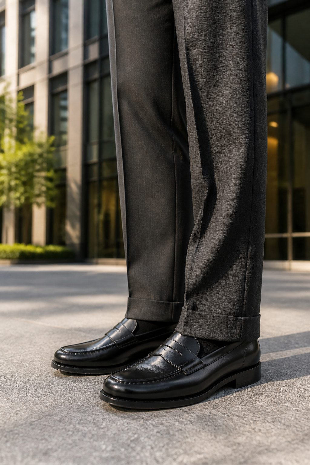 Tailored trousers and G.H. Bass Larson Weejuns loafers in an urban environment.