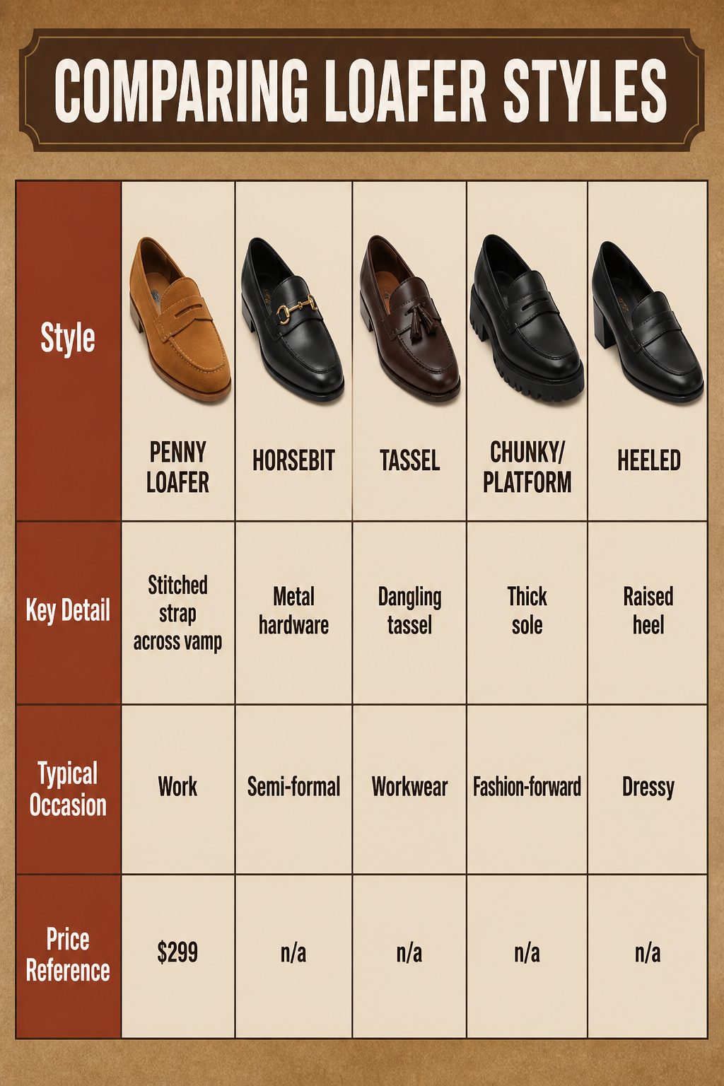 Various loafer styles displayed for comparison in a fashion article.