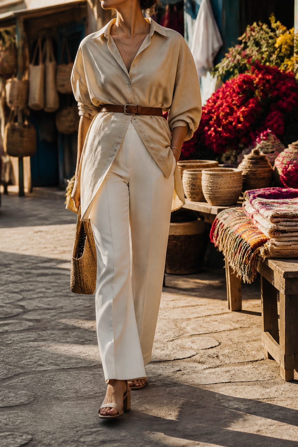 How to Style Oversized Shirt: 15 Wearable Outfit Ideas for 2026 6 Model showcasing a belted oversized shirt in a stylish outdoor marketplace.