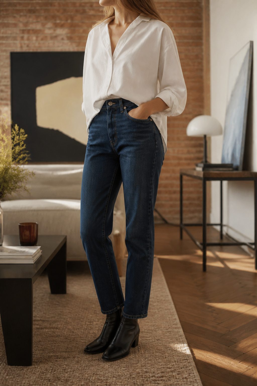 How to Style Oversized Shirt: 15 Wearable Outfit Ideas for 2026 11 Model in a white oversized shirt partially tucked into high-waisted jeans.