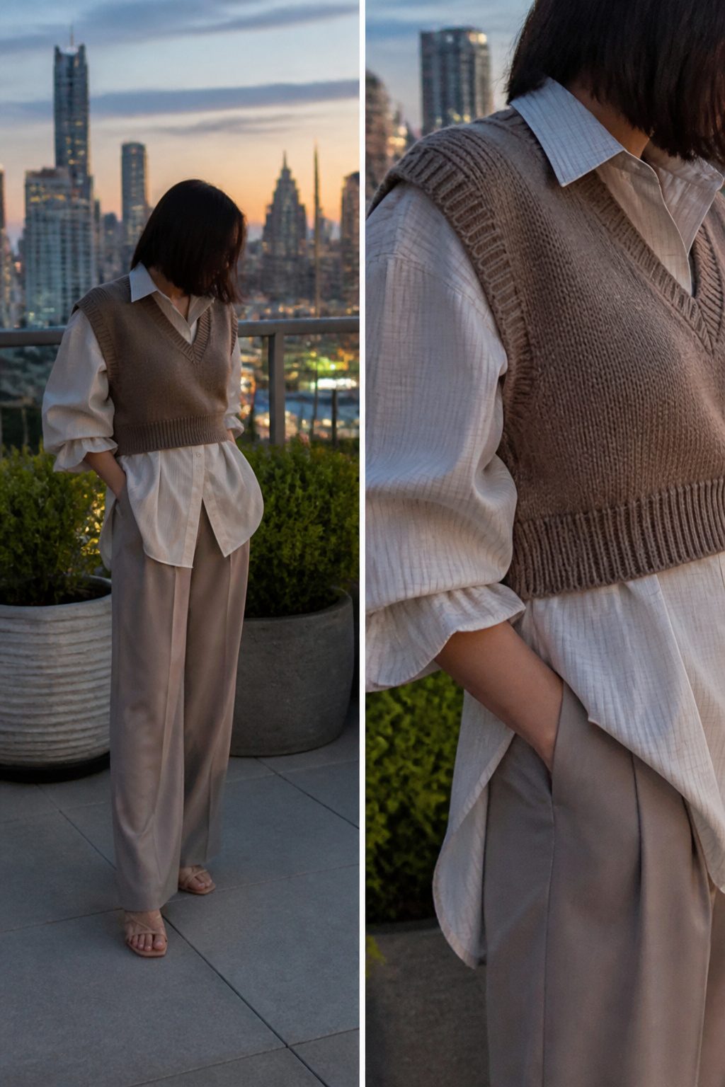How to Style Oversized Shirt: 15 Wearable Outfit Ideas for 2026 7 Model wearing a cropped vest over an oversized shirt in a layered outfit.