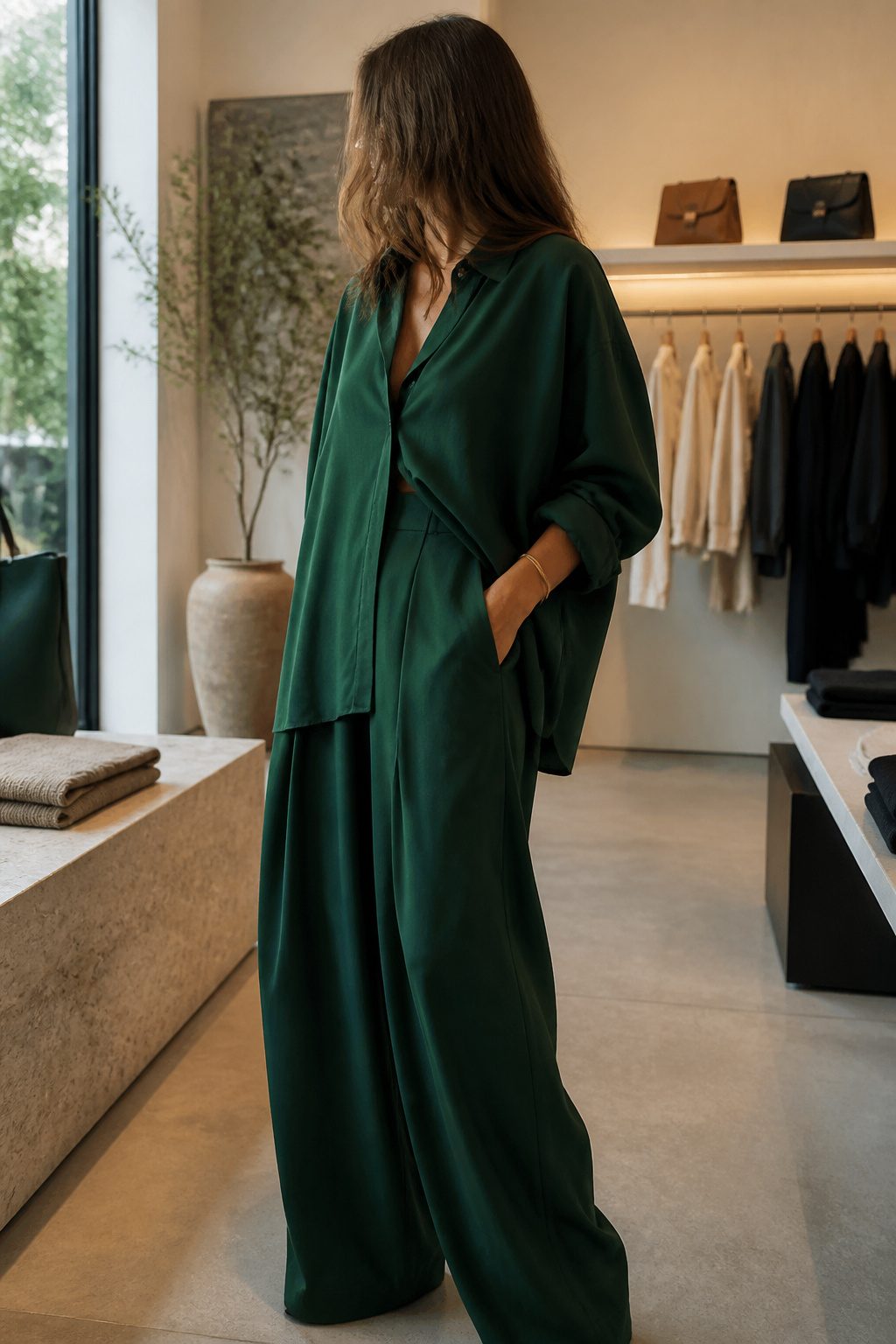 How to Style Oversized Shirt: 15 Wearable Outfit Ideas for 2026 13 Model in an oversized shirt and fluid trousers in deep emerald green.