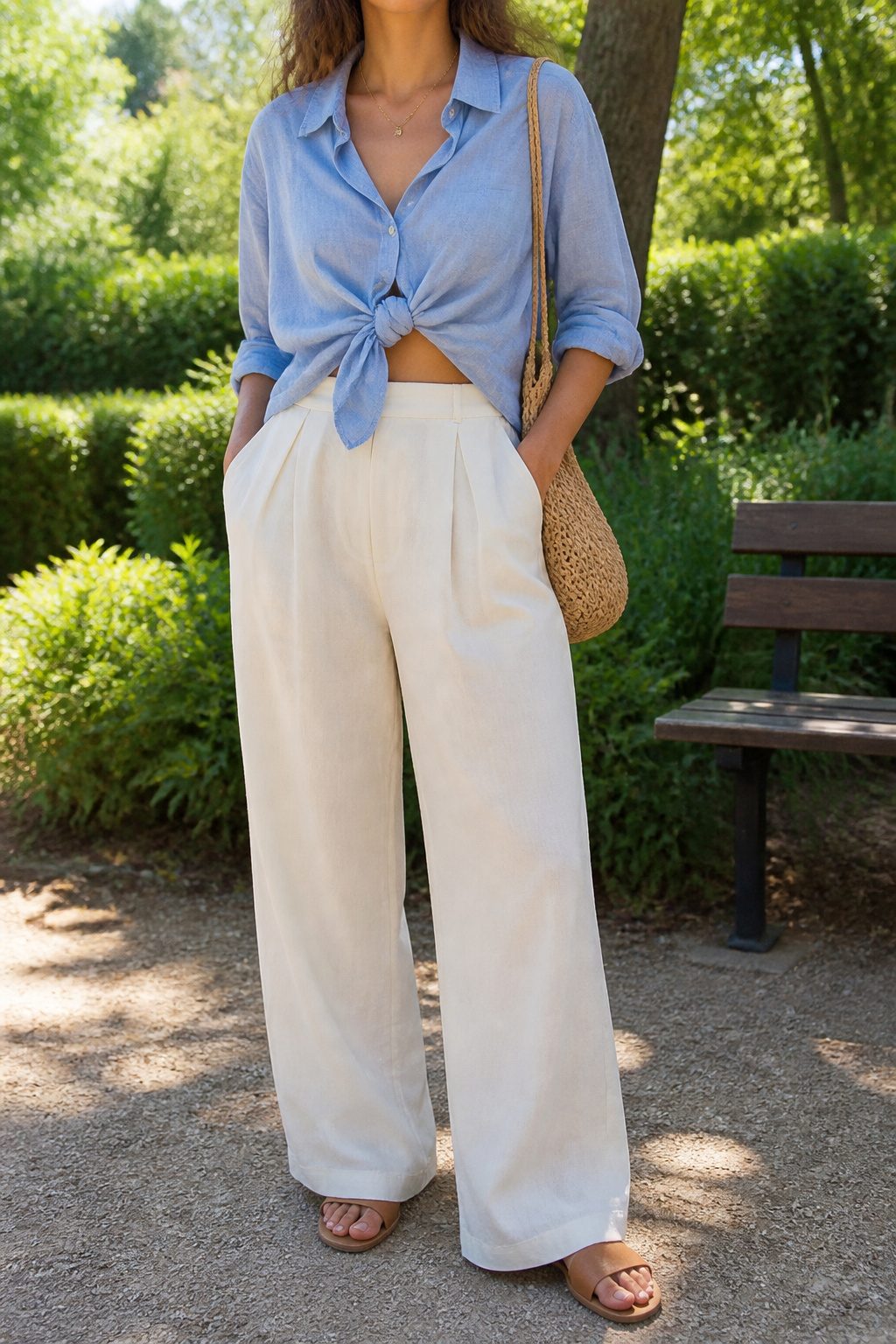How to Style Oversized Shirt: 15 Wearable Outfit Ideas for 2026 9 Model demonstrating a front knot with a chambray oversized shirt.