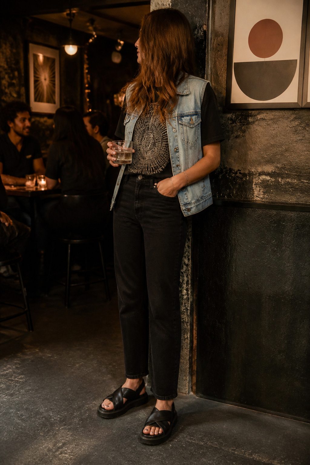 How to Wear a Denim Vest: 13 Outfit Ideas for 2026 7 Model in black straight-leg jeans, a band tee, and a faded denim vest.