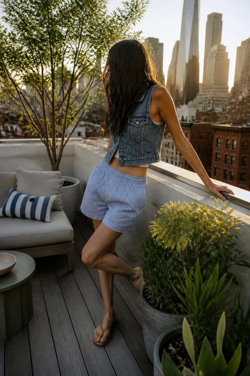 How to Wear a Denim Vest: 13 Outfit Ideas for 2026 8 Model wearing boxer shorts and a crop top with a denim vest on a rooftop.