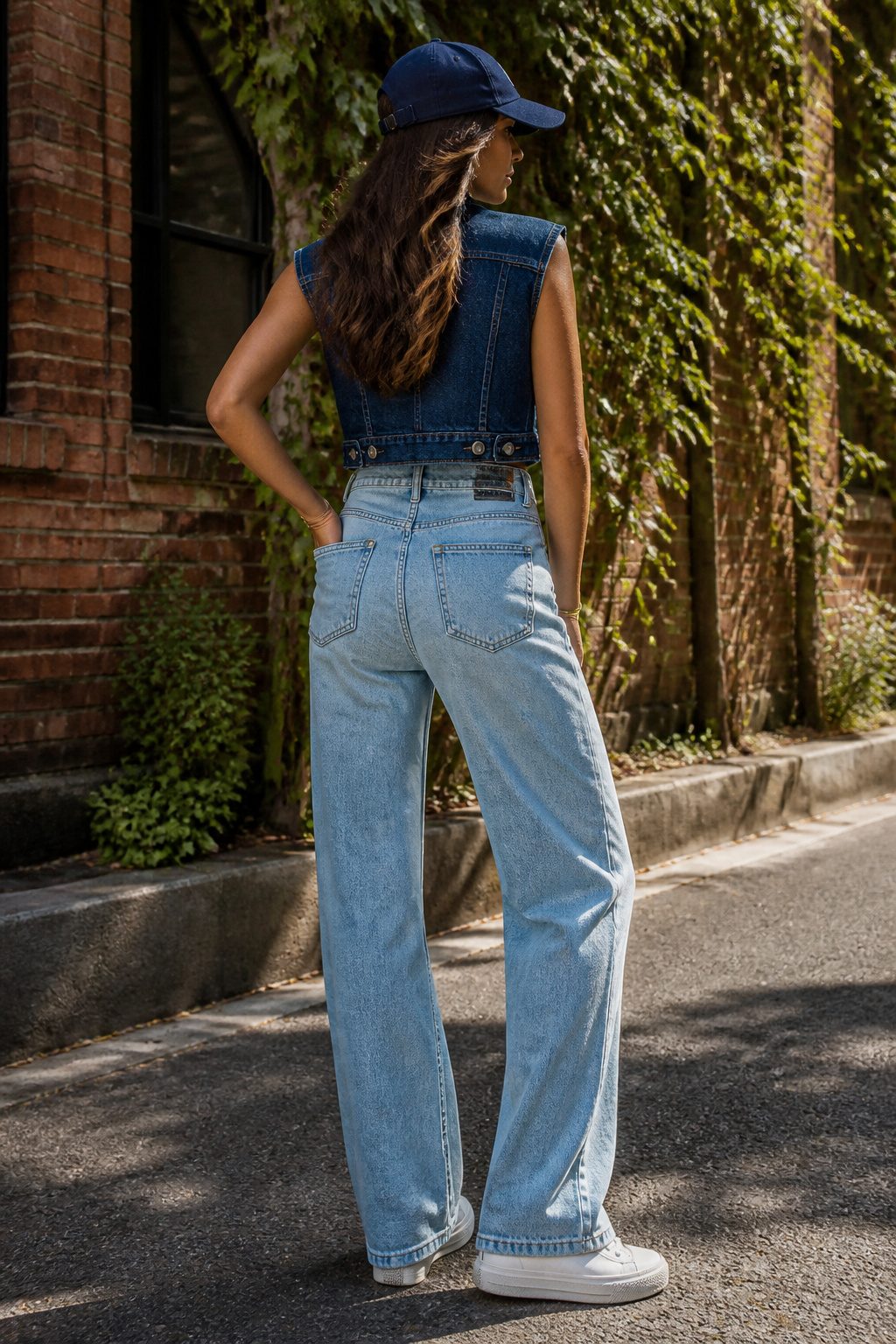 How to Wear a Denim Vest: 13 Outfit Ideas for 2026 1 Model in a dark indigo cropped denim vest and vintage-wash high-waisted jeans.