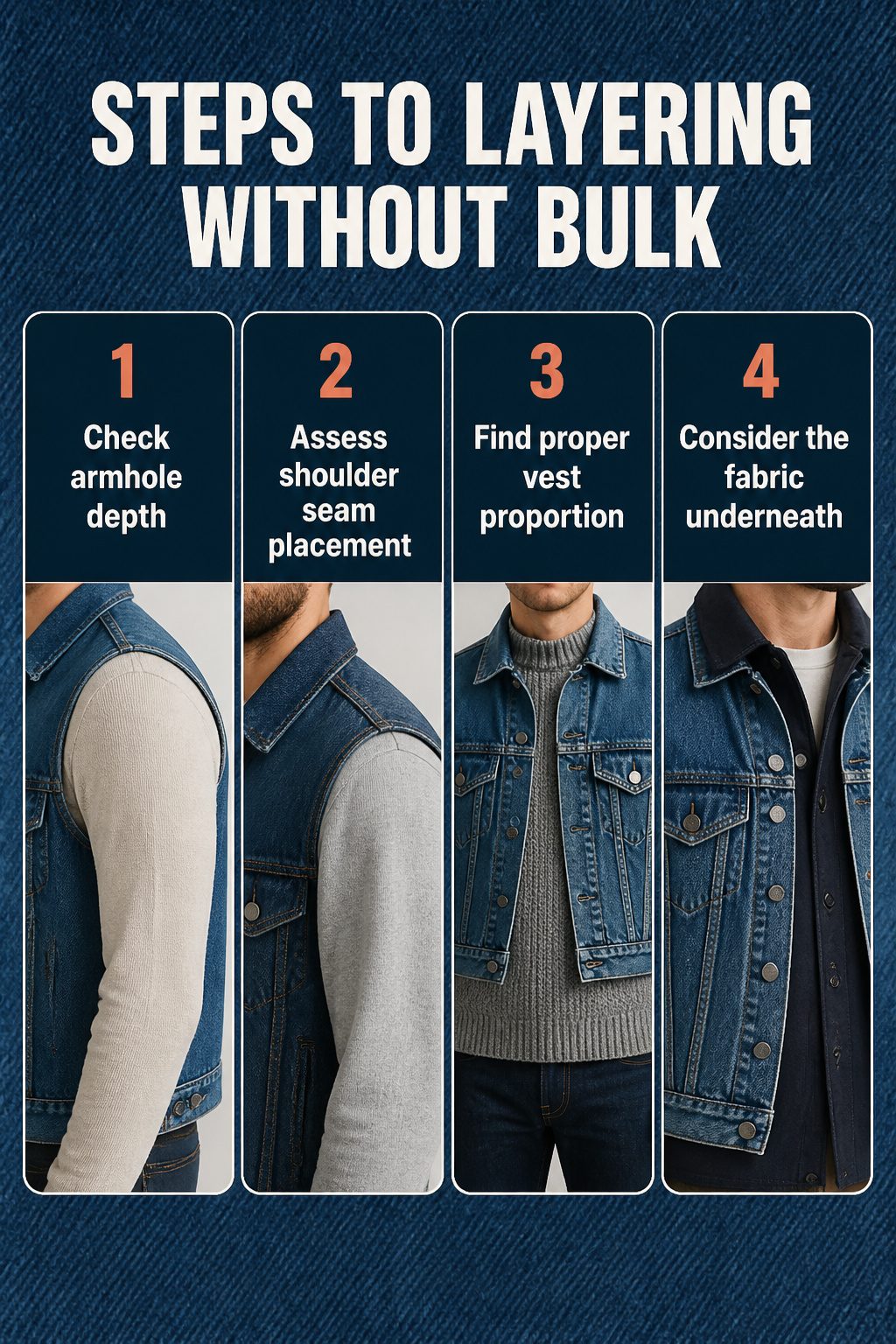 How to Wear a Denim Vest: 13 Outfit Ideas for 2026 16 Diagram illustrating steps for layering without bulk in denim vests.