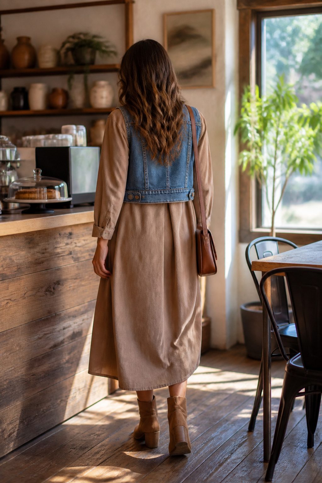 How to Wear a Denim Vest: 13 Outfit Ideas for 2026 2 Model wearing a denim vest over a tan corduroy midi shirt dress in a café.