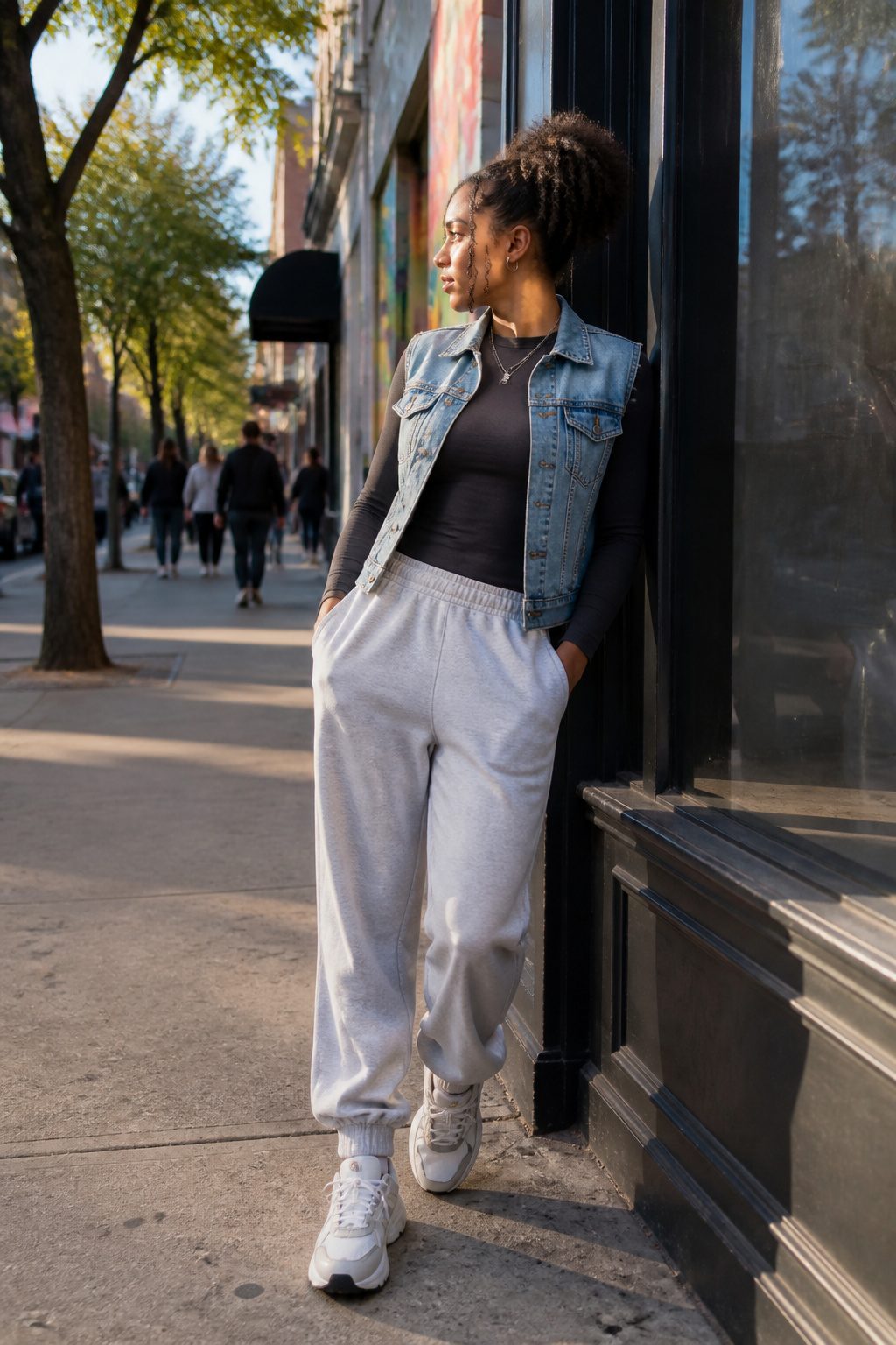 How to Wear a Denim Vest: 13 Outfit Ideas for 2026 12 Model in sweatpants, a fitted top, and a denim vest in an urban neighborhood.