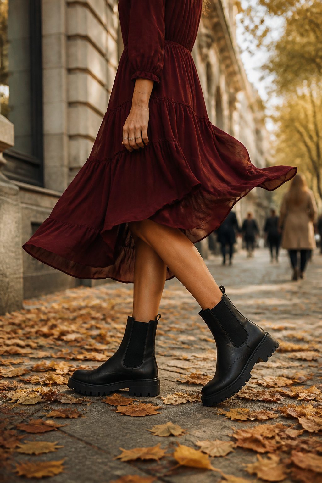 Model pairing a skirt with Chelsea boots in a fashionable setting.
