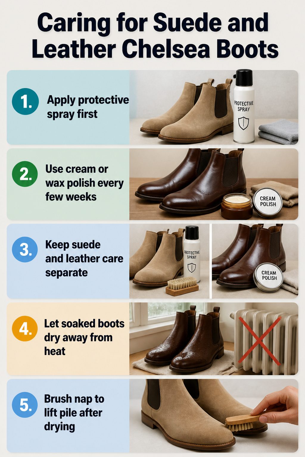 An image detailing care instructions for leather and suede Chelsea boots.
