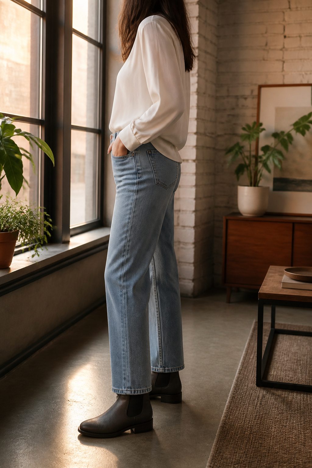 Model in straight-leg jeans and Chelsea boots in a modern loft.
