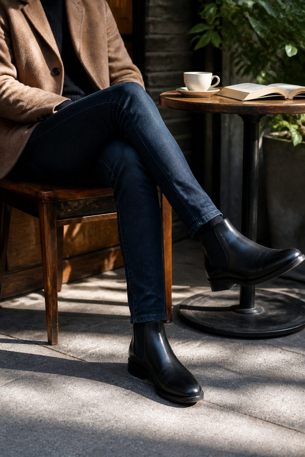 Model wearing skinny jeans and Chelsea boots at a trendy cafe.