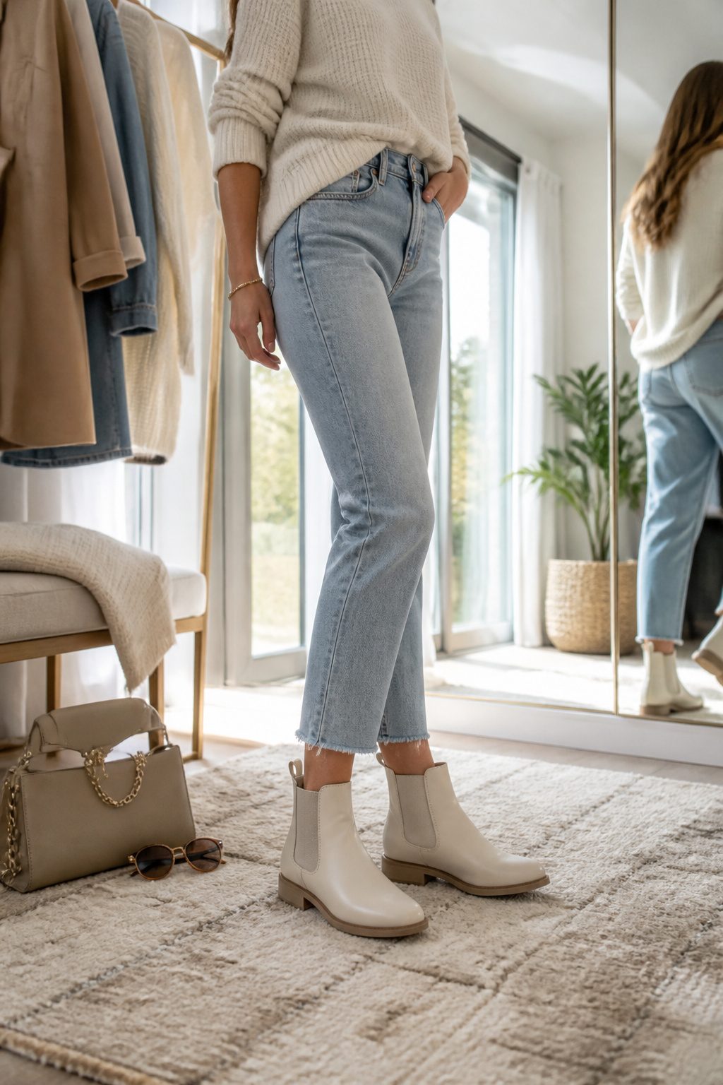 Model in cropped jeans and Chelsea boots in a bright dressing room.