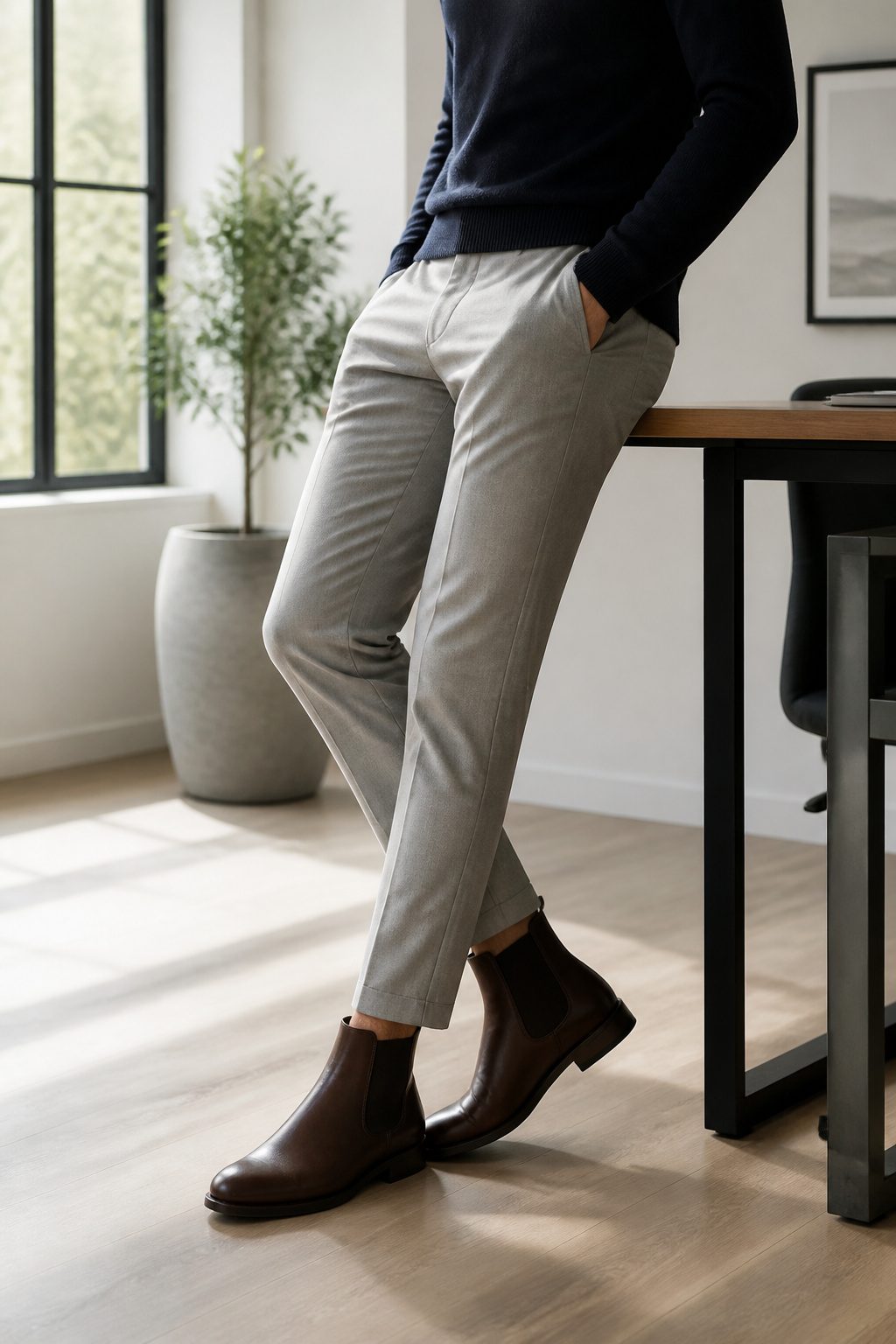 Model in tailored chinos and Chelsea boots in a chic office.