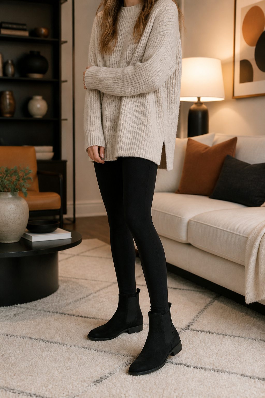 Model wearing leggings tucked into Chelsea boots in a cozy living room.