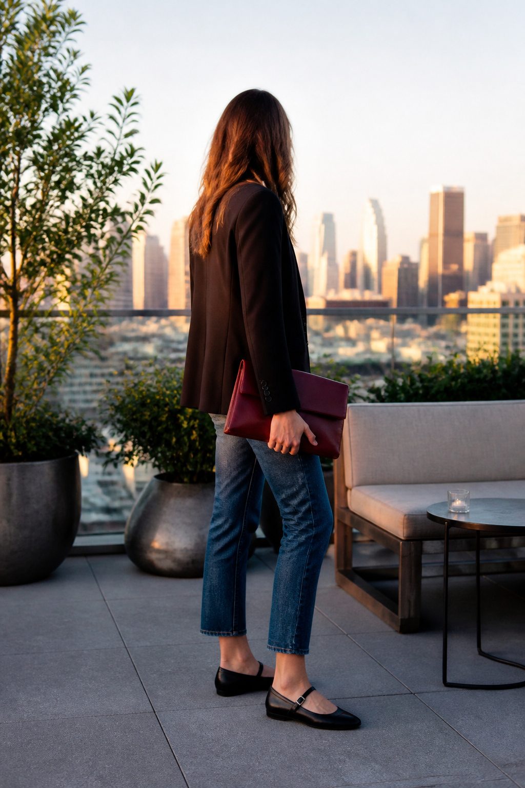 20 Mary Jane Shoes Outfit Ideas for Easy Spring 2026 Style 5 Model wearing a blazer and cropped jeans showcasing flat Mary Jane shoes.
