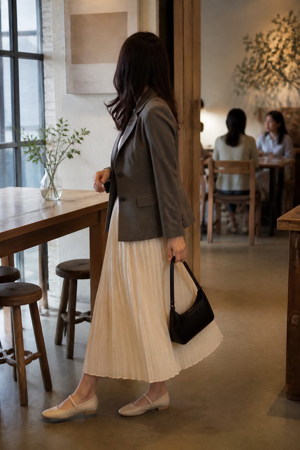 20 Mary Jane Shoes Outfit Ideas for Easy Spring 2026 Style 6 Model in a blazer and pleated skirt wearing flat Mary Jane shoes.