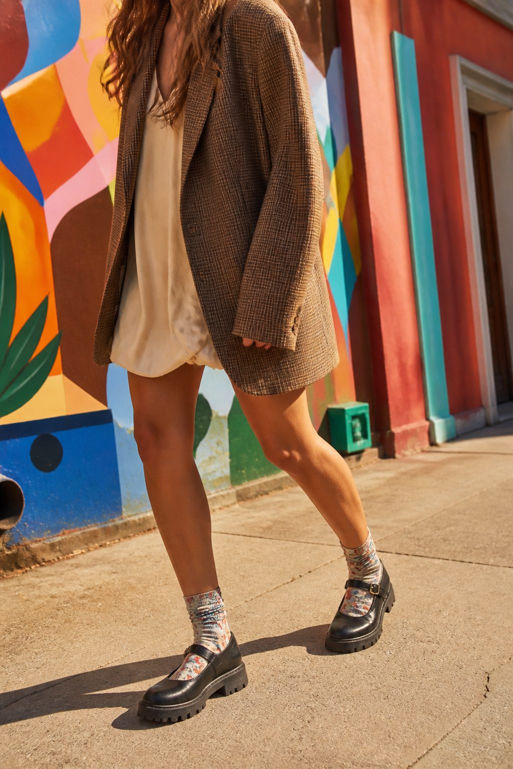 20 Mary Jane Shoes Outfit Ideas for Easy Spring 2026 Style 12 Model wearing chunky Mary Janes with colorful socks and oversized blazer.