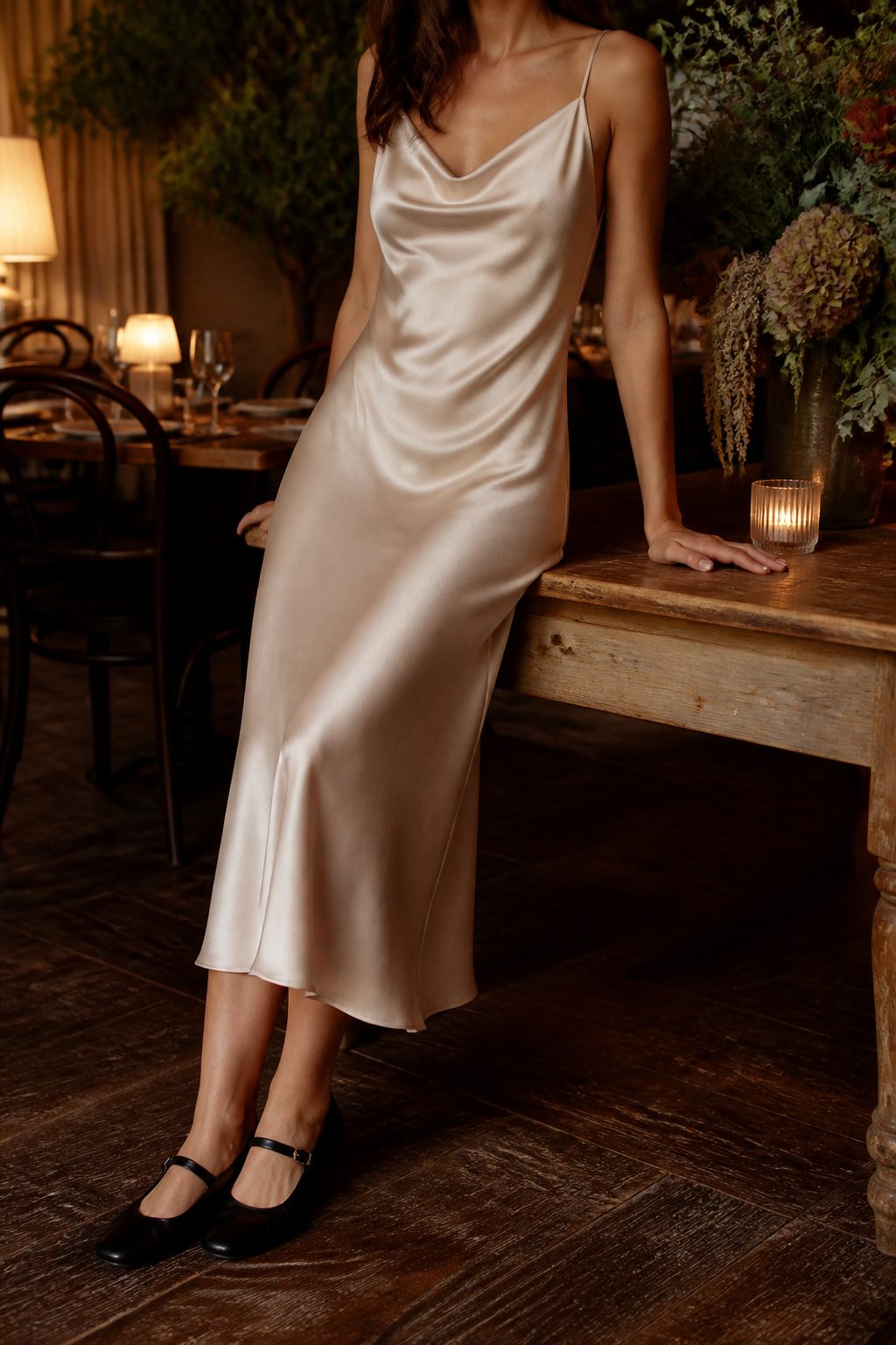 20 Mary Jane Shoes Outfit Ideas for Easy Spring 2026 Style 14 Model in a slip dress and flat Mary Janes inside a bistro.