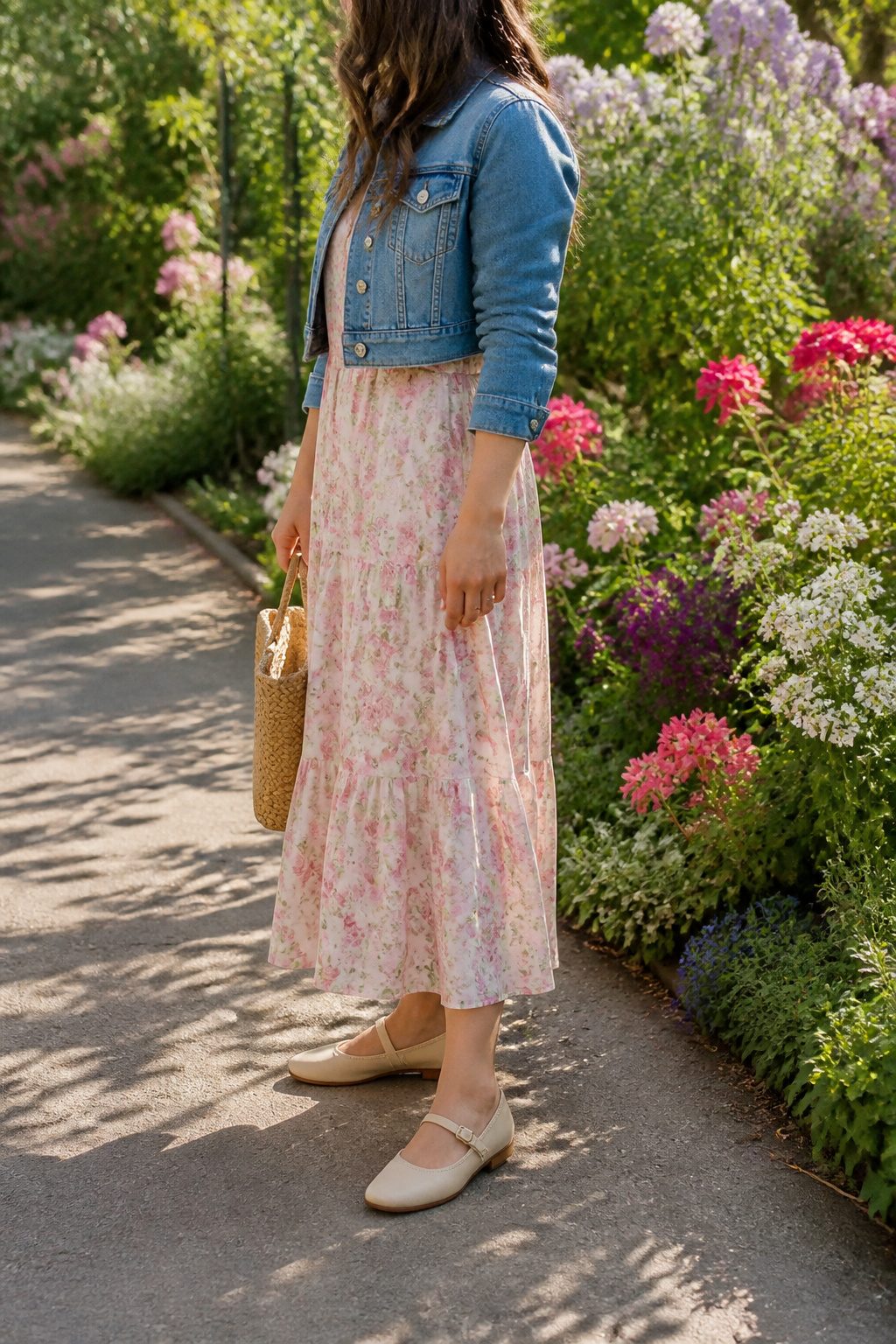 20 Mary Jane Shoes Outfit Ideas for Easy Spring 2026 Style 19 Model in a floral midi dress and denim jacket wearing flat Mary Jane shoes.