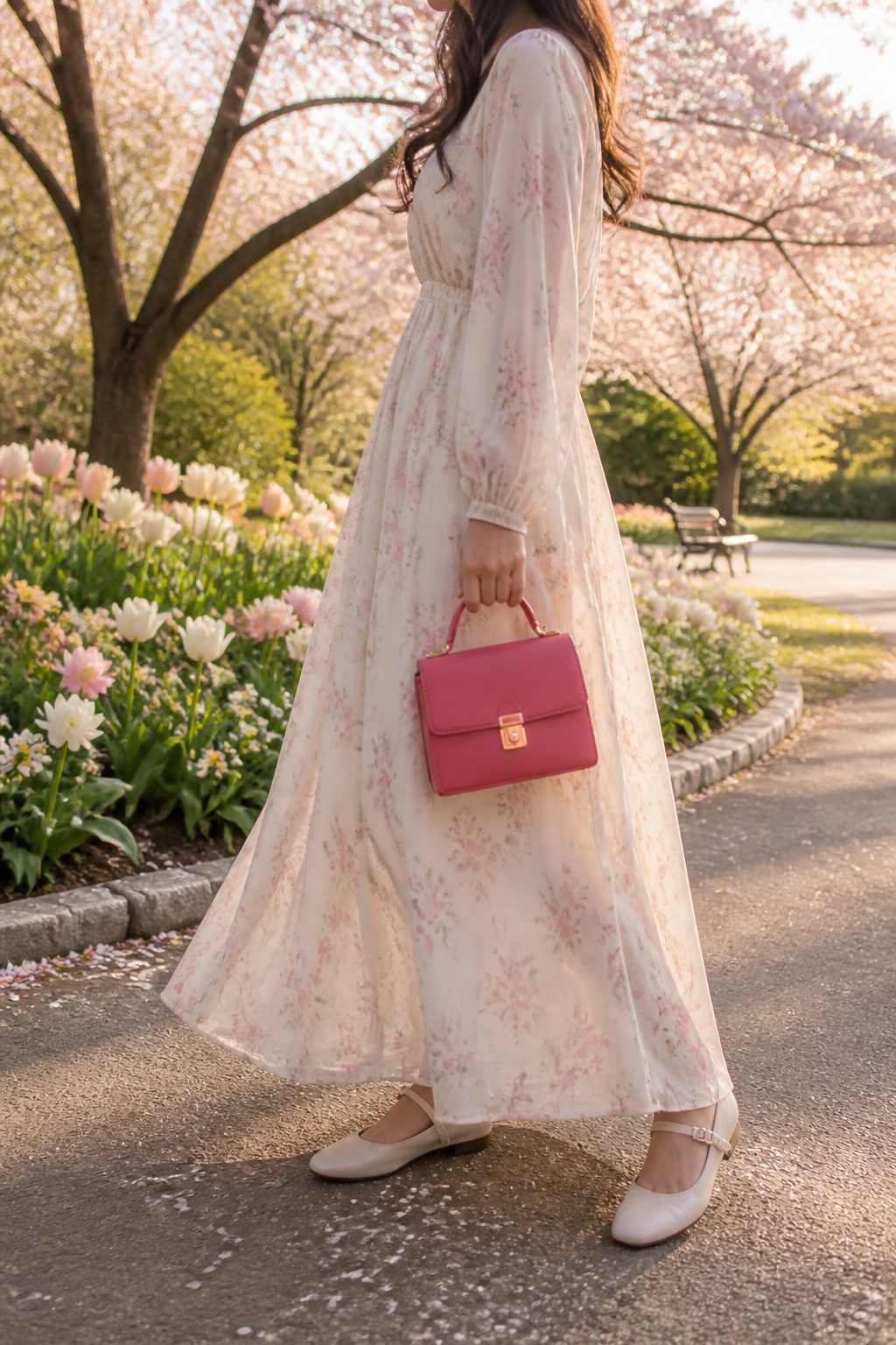 20 Mary Jane Shoes Outfit Ideas for Easy Spring 2026 Style 4 Model in a floor-length maxi dress and flat Mary Janes in a park.