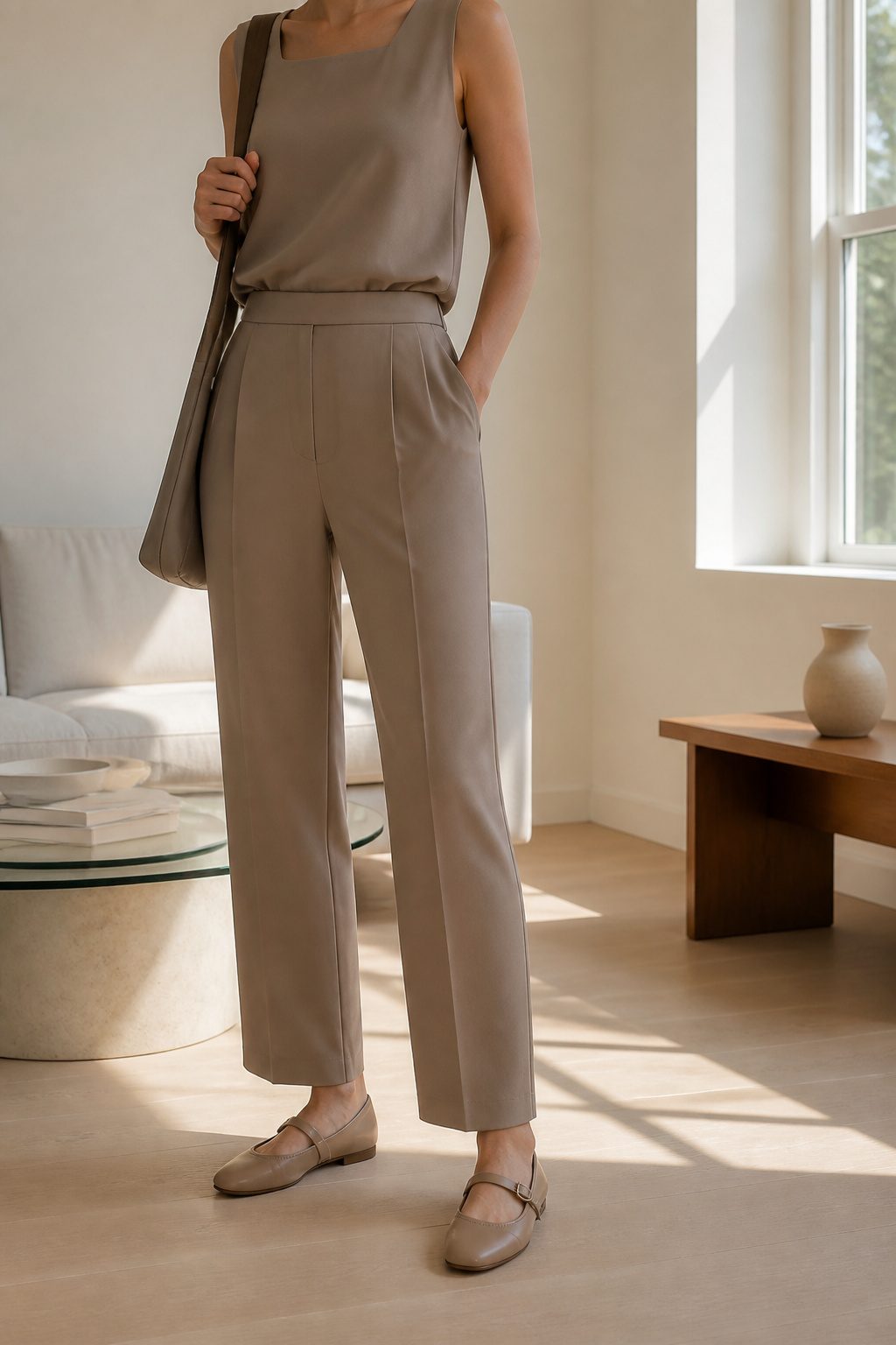 20 Mary Jane Shoes Outfit Ideas for Easy Spring 2026 Style 10 Model in a monochromatic outfit with matching flat Mary Jane shoes.