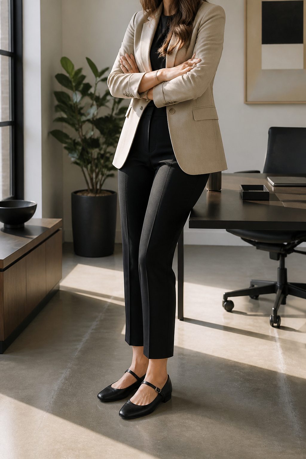 20 Mary Jane Shoes Outfit Ideas for Easy Spring 2026 Style 13 Model in an office wearing flat Mary Janes with tailored trousers.