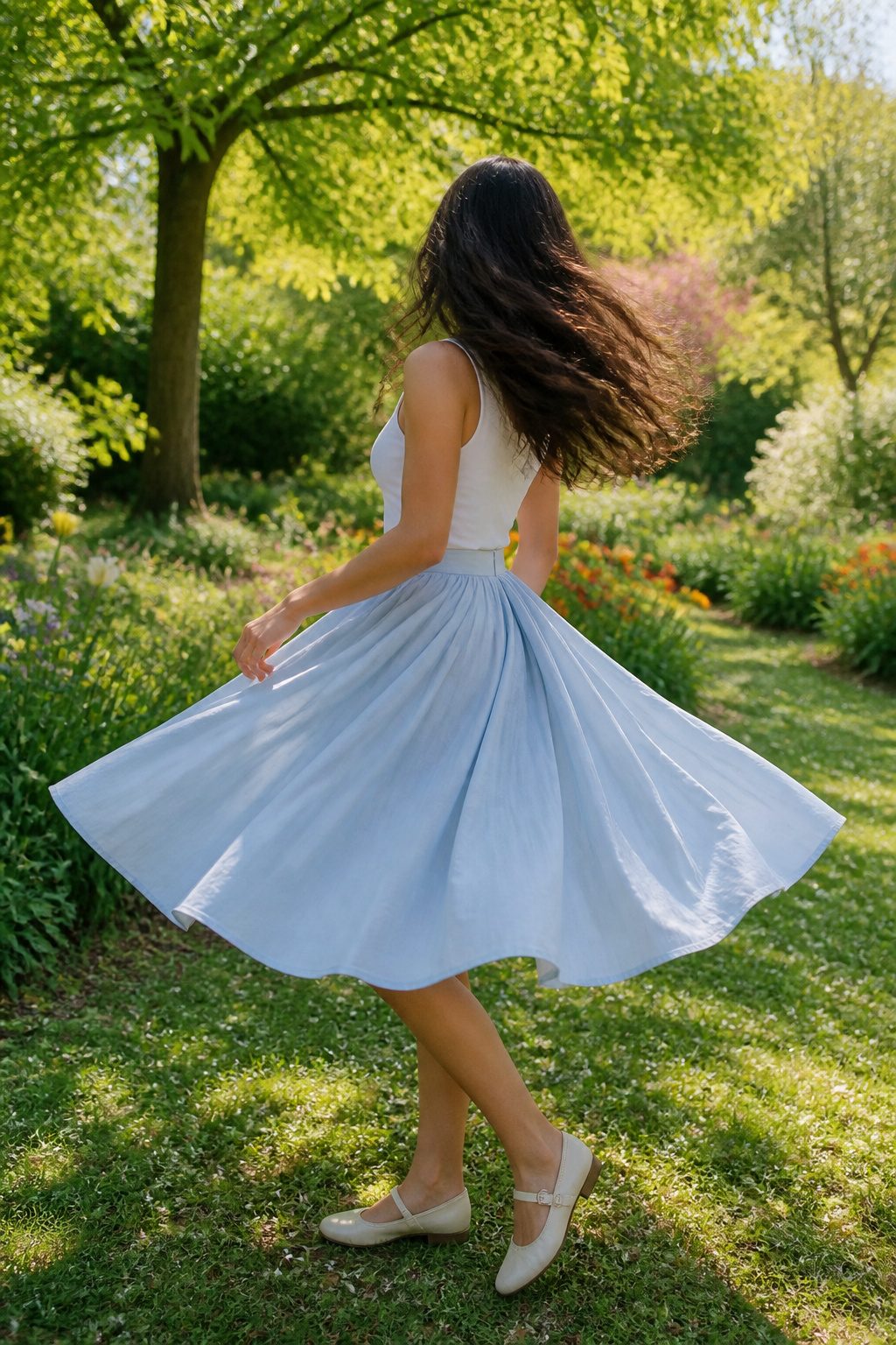 20 Mary Jane Shoes Outfit Ideas for Easy Spring 2026 Style 11 Model in a pleated skirt and tank top wearing flat Mary Jane shoes.
