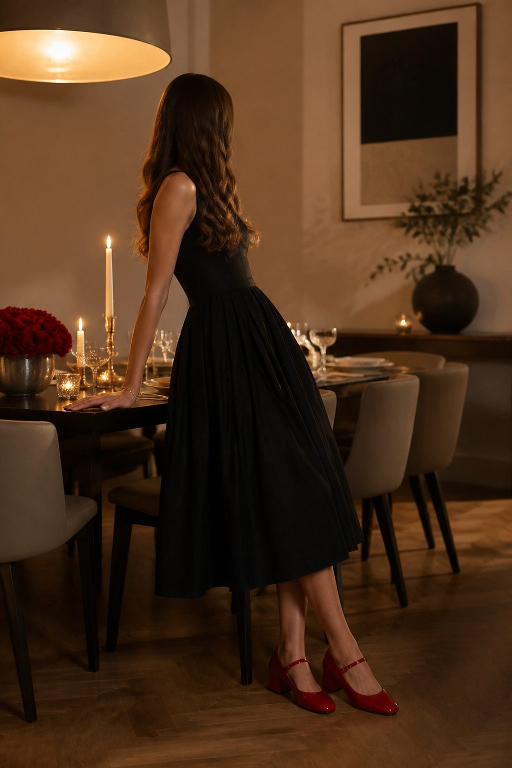 20 Mary Jane Shoes Outfit Ideas for Easy Spring 2026 Style 16 Model in a black midi dress paired with red Mary Jane shoes.