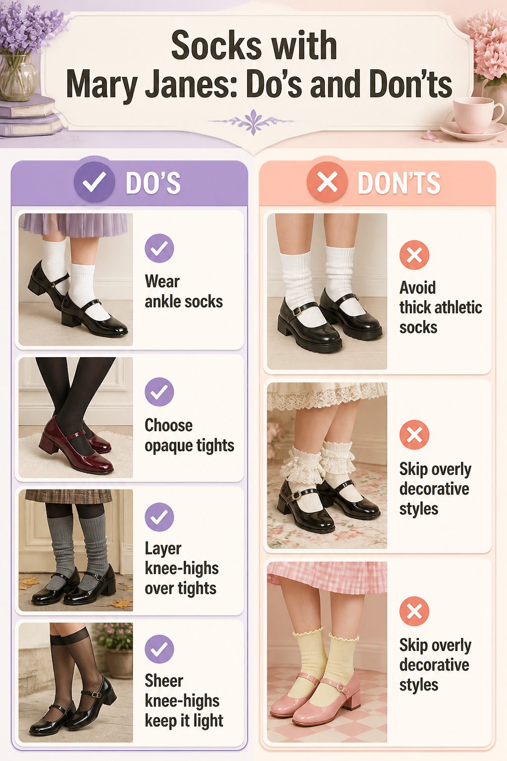 20 Mary Jane Shoes Outfit Ideas for Easy Spring 2026 Style 21 Visual guide on socks with Mary Janes, highlighting various styles.