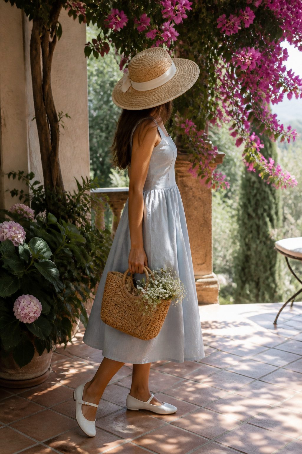 20 Mary Jane Shoes Outfit Ideas for Easy Spring 2026 Style 17 Model in a linen midi dress and white Mary Janes with a straw hat.