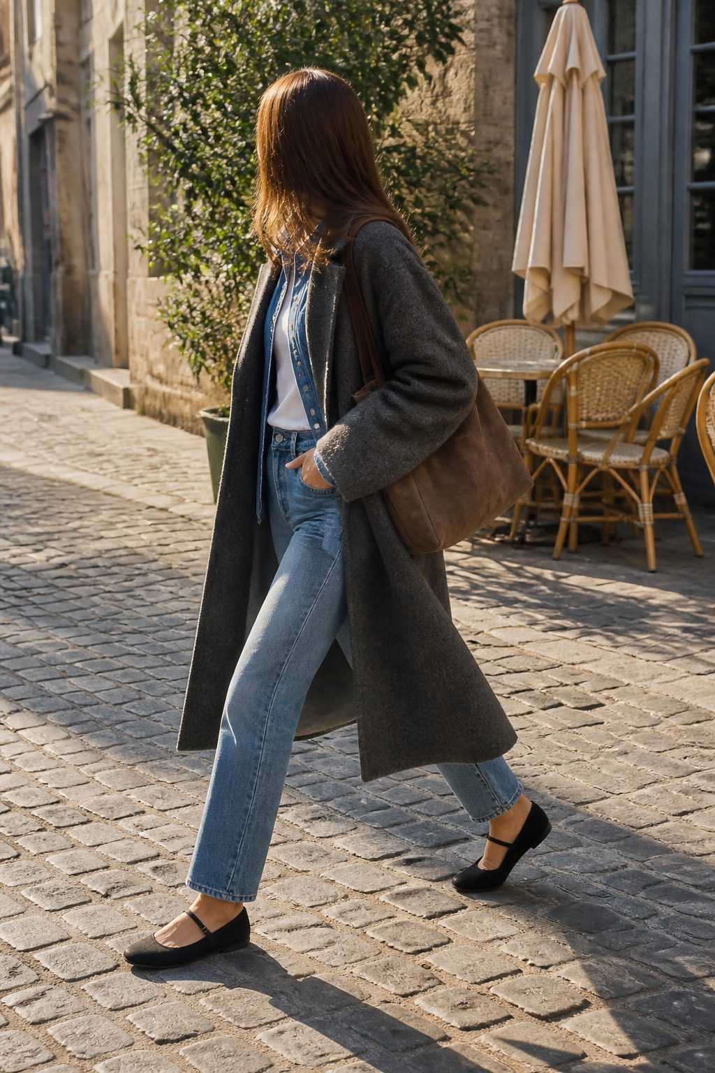 20 Mary Jane Shoes Outfit Ideas for Easy Spring 2026 Style 7 Model wearing a wool coat and straight-leg jeans with Mary Jane shoes.