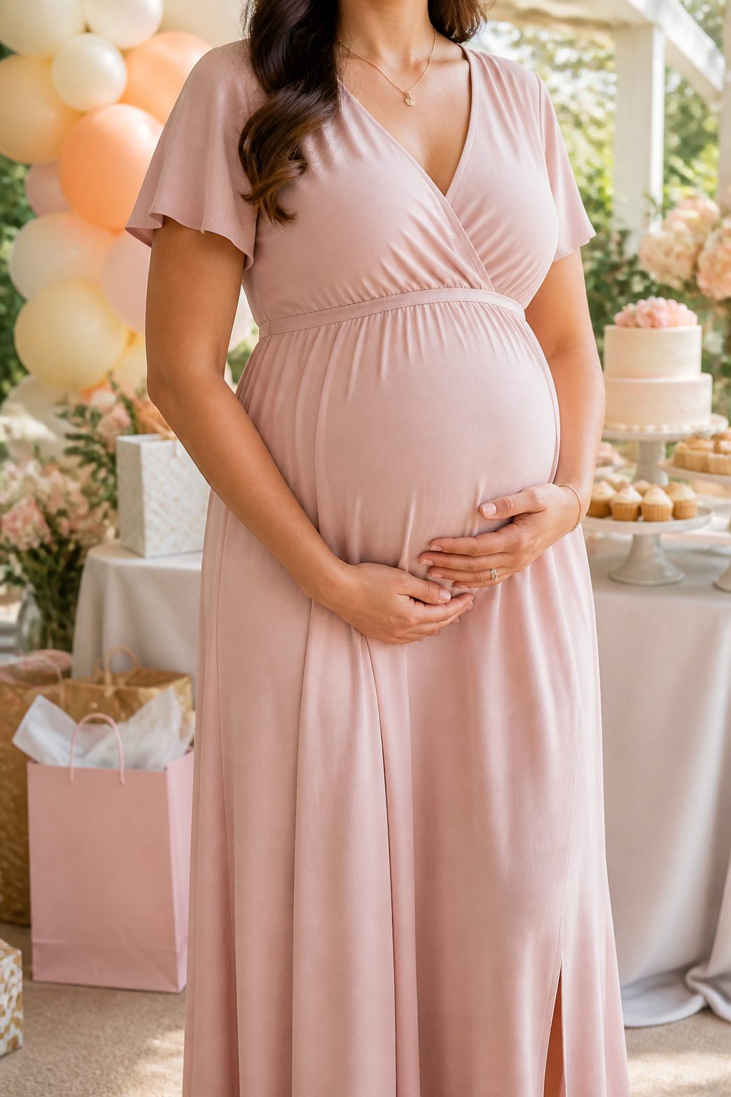 Expectant mother in a comfortable dress at a baby shower.