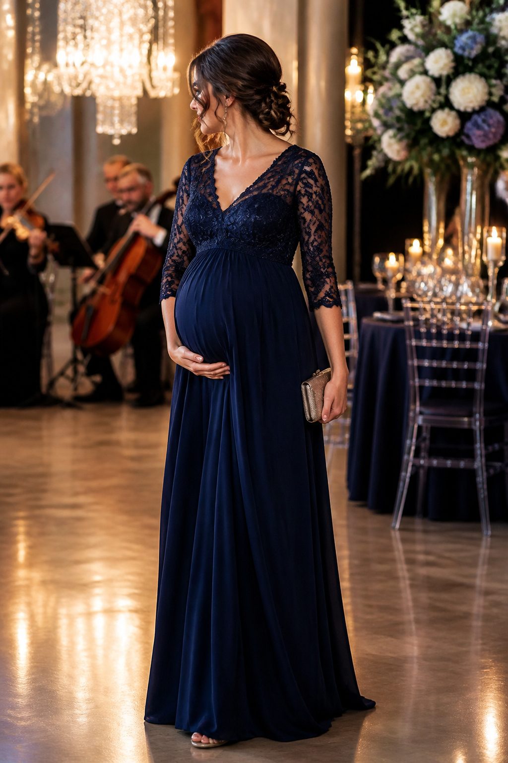 Expectant mother in a formal maternity gown at a black-tie event.