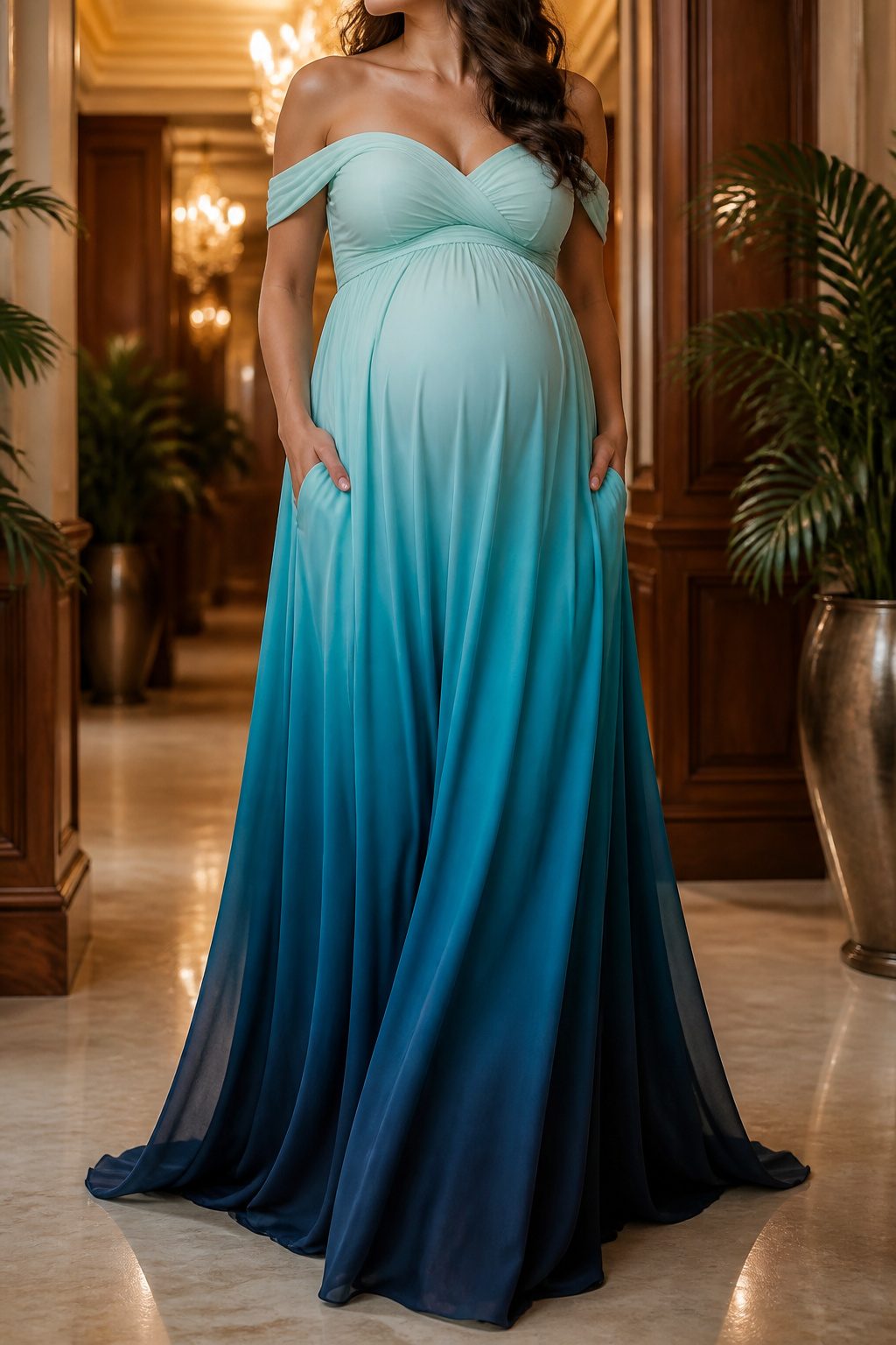 Expectant mother wearing a formal full-length maternity gown.