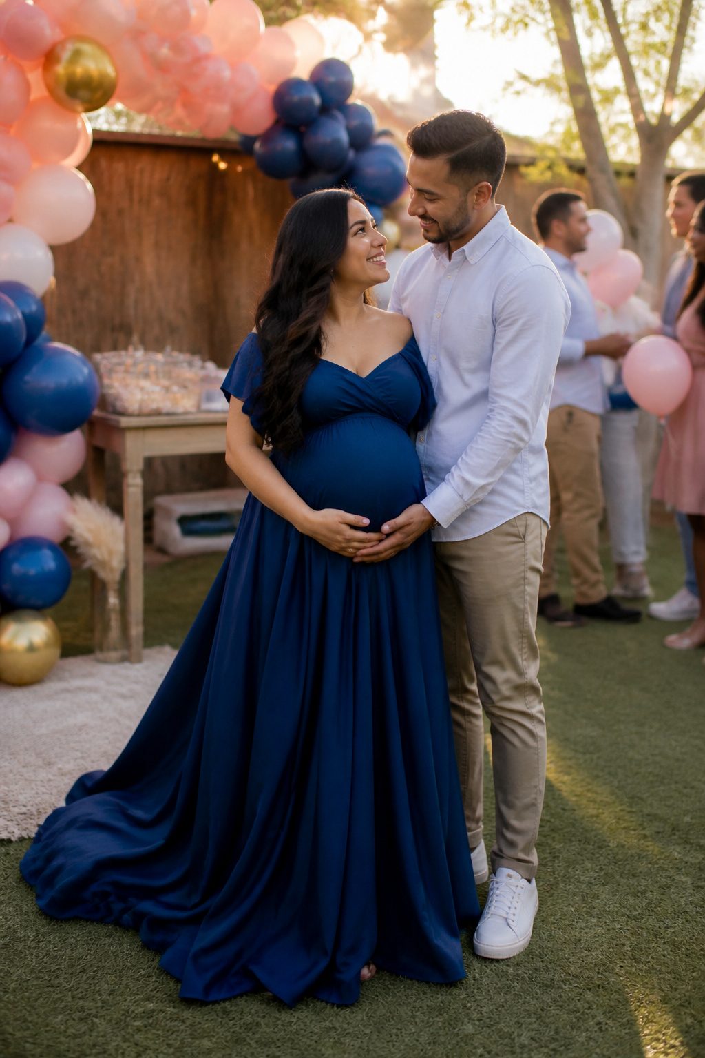 Expectant couple preparing for a gender reveal party in a blue dress.