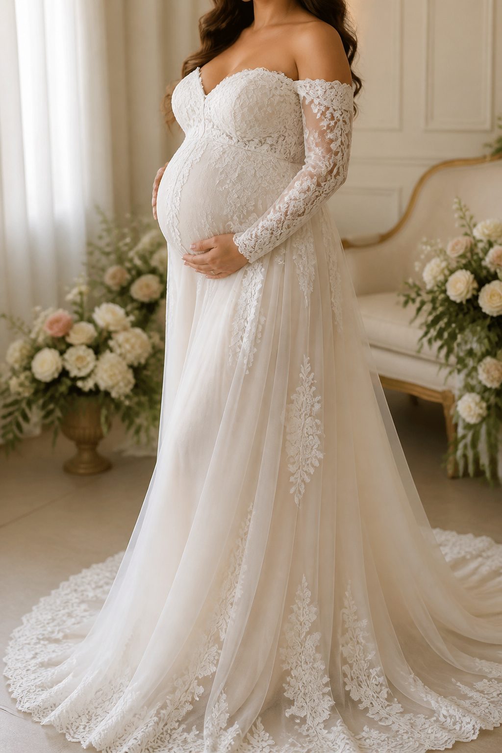 Expectant bride in a maternity bridal gown at a wedding.
