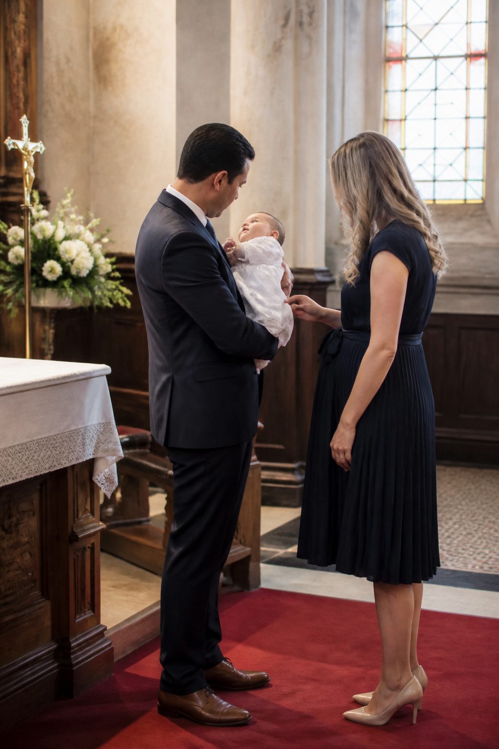 Expectant mother wearing a modest dress at a church christening.