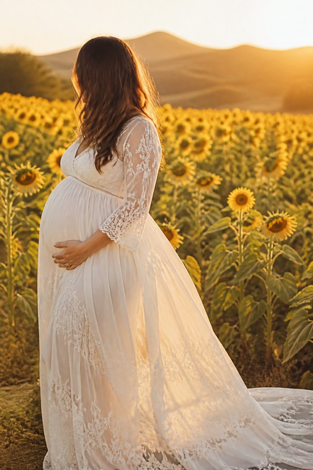Expectant mother standing in a sunflower field wearing a lace maternity dress.