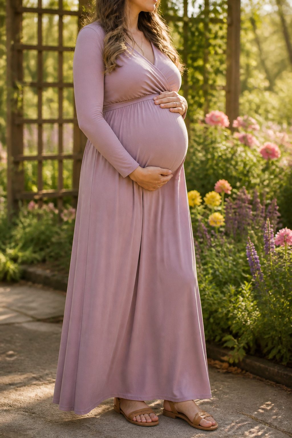 Expectant woman in a maxi dress sitting outdoors.